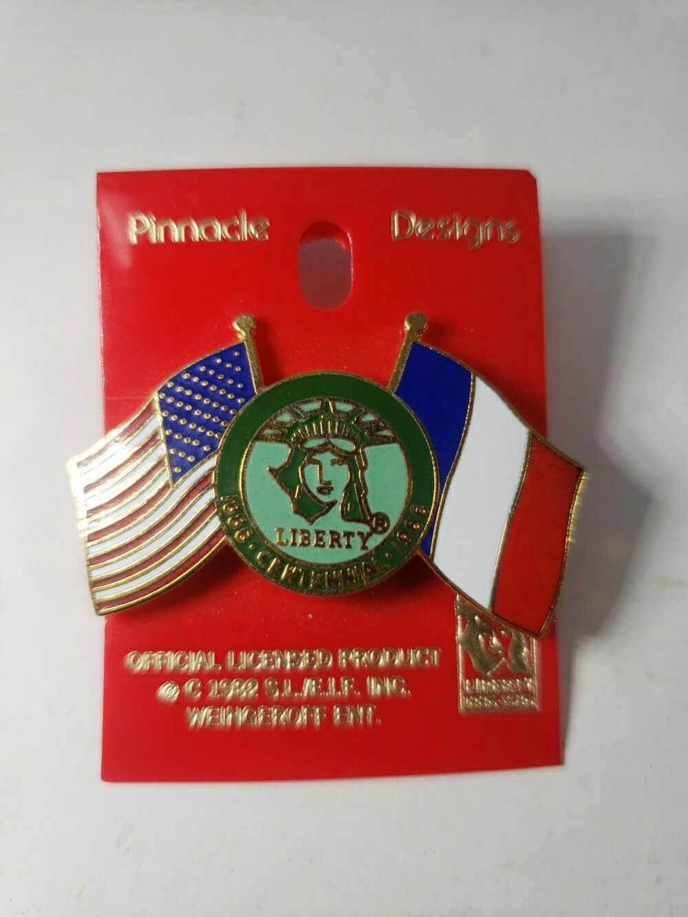 Statue of Liberty American French Flag Pin 1982 NOS Disney Pinnacle Designs Card